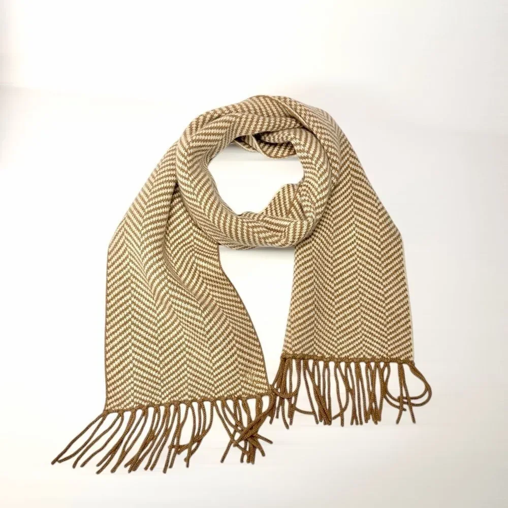 Lauren Ralph Lauren Wool Herringbone Scarf Tan Beige With Fridges Men's Women's